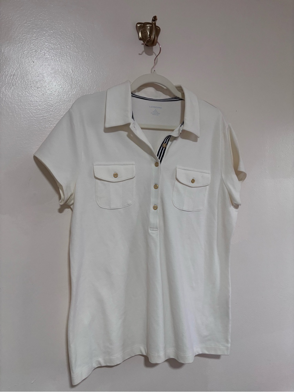Lands' End Cream Polo with Button-Flap Chest Pockets Resort Vacation Preppy